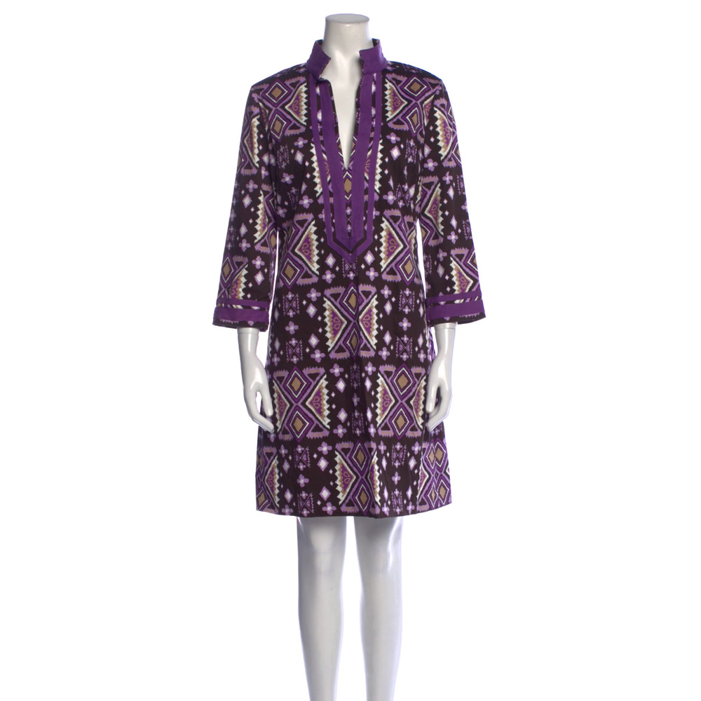 Tory Burch Ikat Knee Length Patterned Print Dress Purple, Brown, White, Size 10